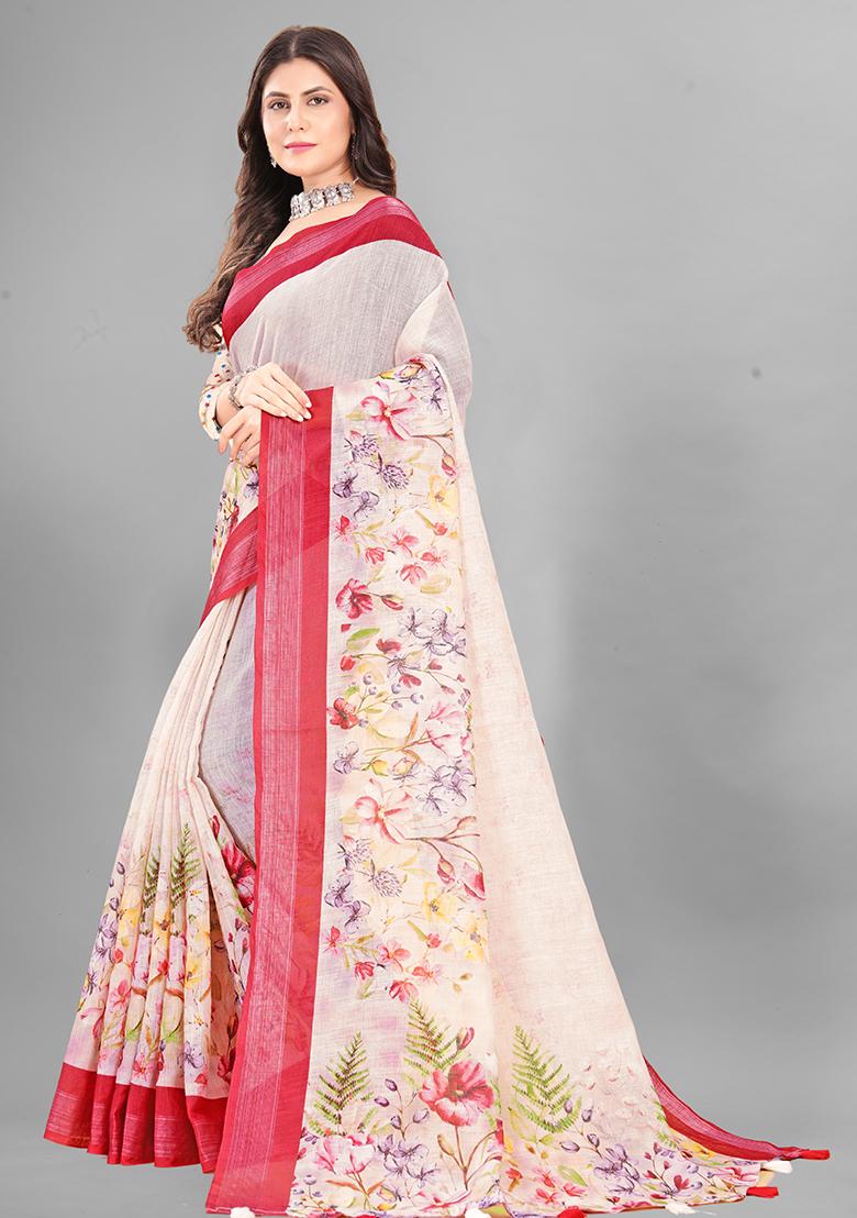 Ivory Floral Print Linen Cotton Saree Set