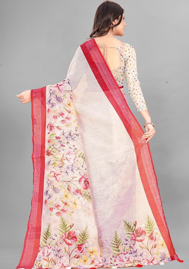 Ivory Floral Print Linen Cotton Saree Set