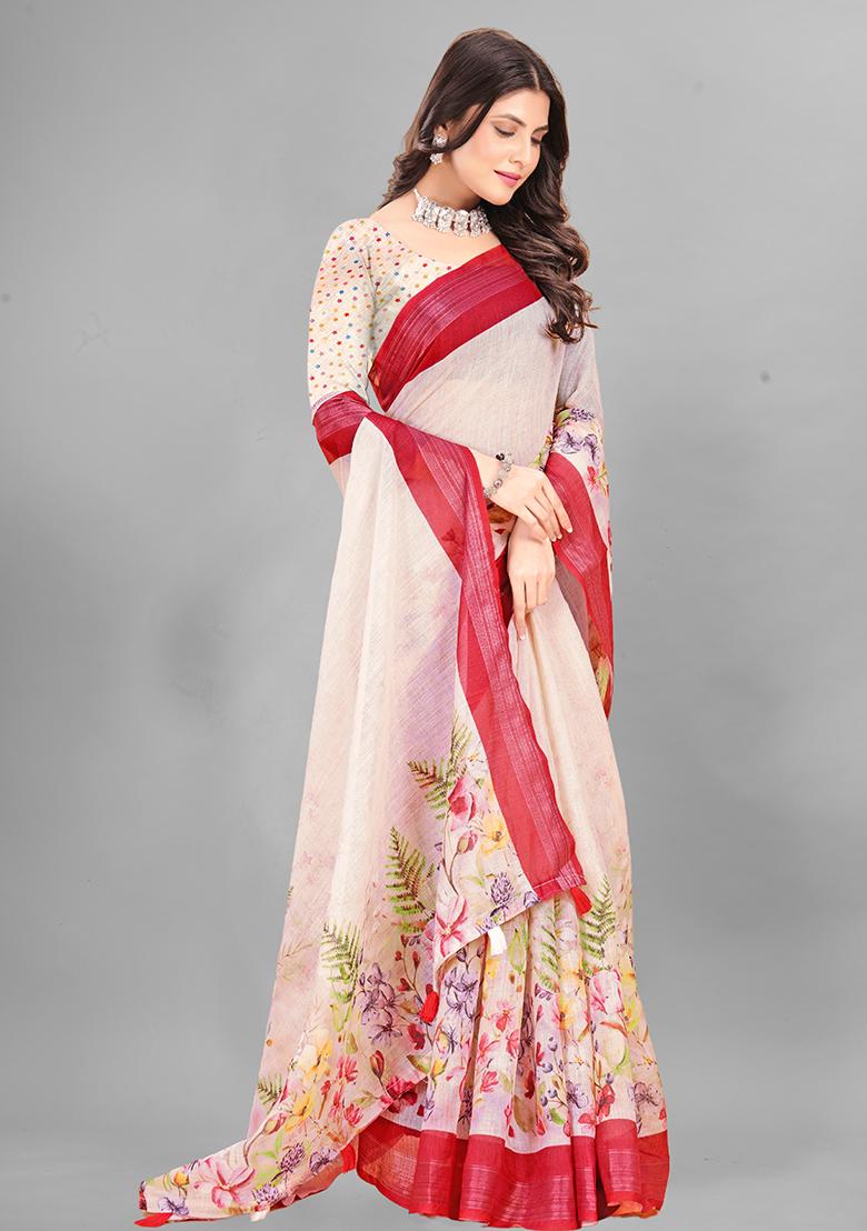 Ivory Floral Print Linen Cotton Saree Set