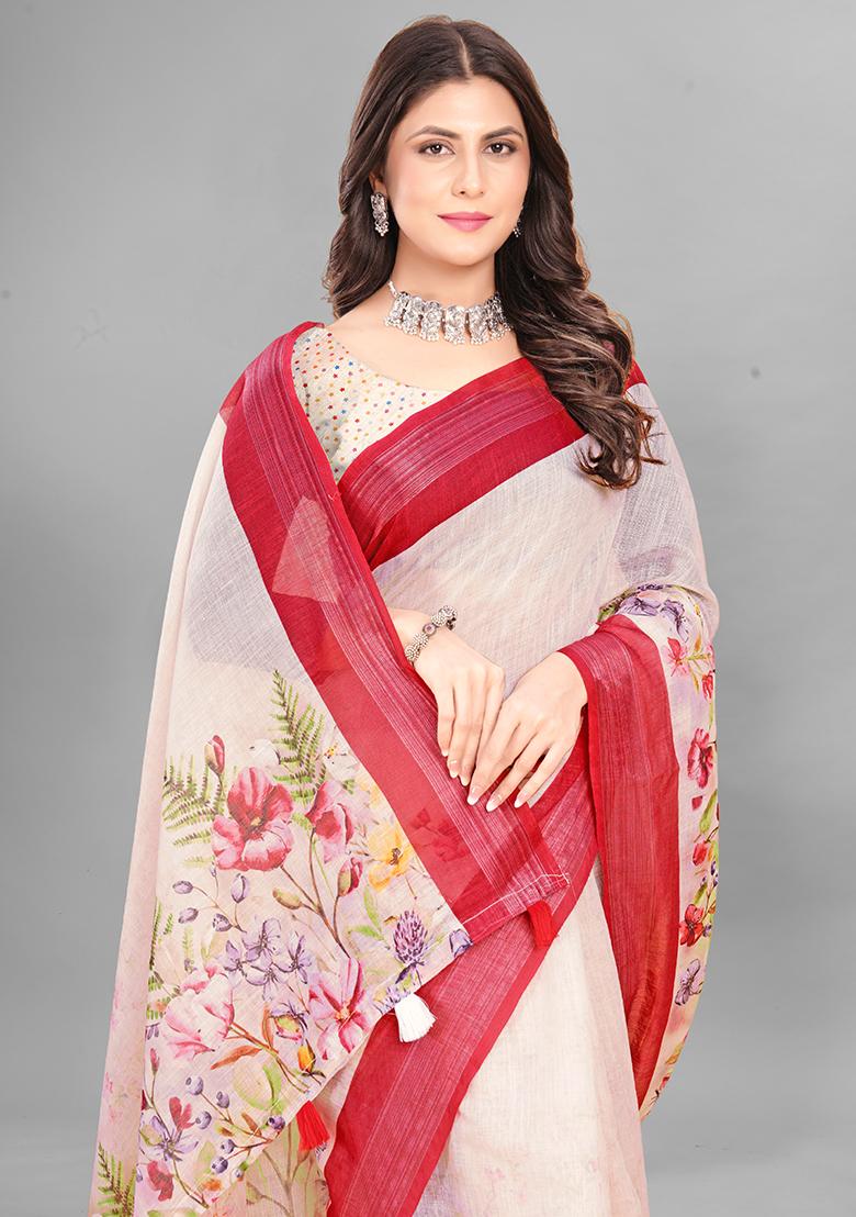 Ivory Floral Print Linen Cotton Saree Set