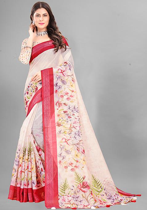 Ivory Floral Print Linen Cotton Saree Set