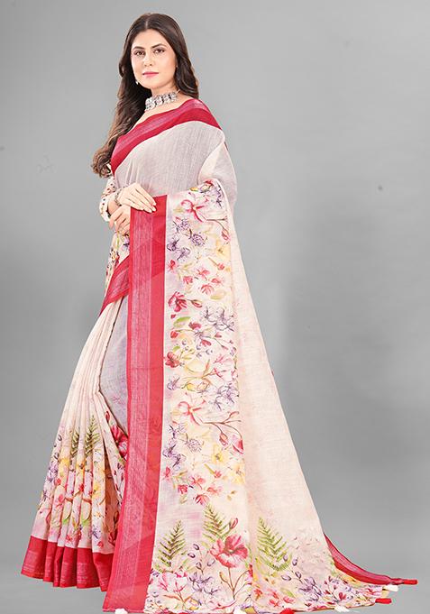 Ivory Floral Print Linen Cotton Saree Set