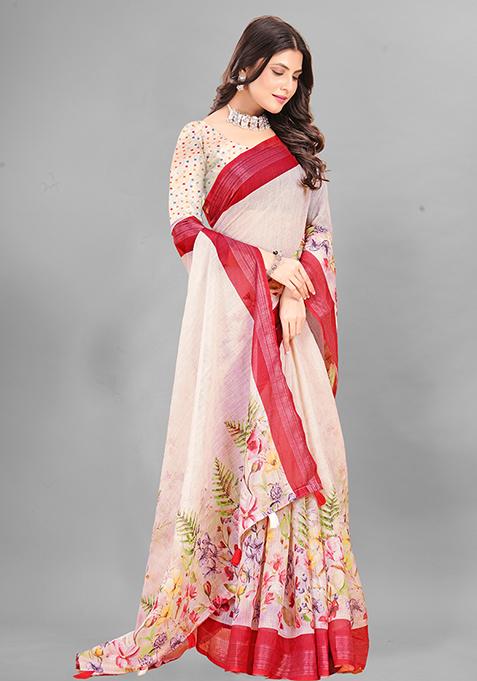 Ivory Floral Print Linen Cotton Saree Set