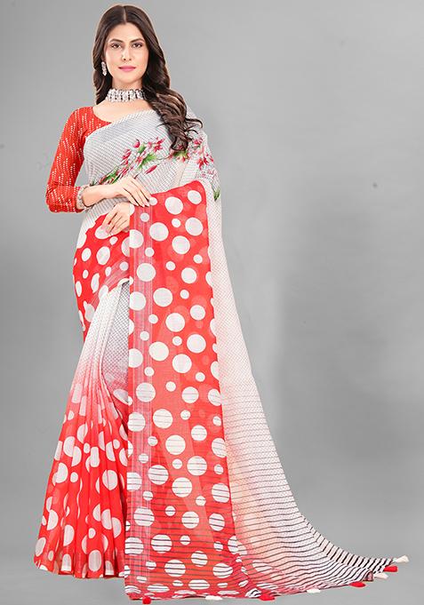 Ivory Floral Print Linen Cotton Saree Set