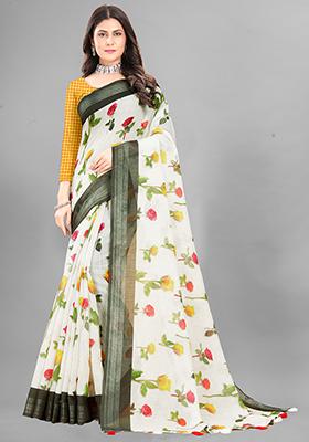 Off White Floral Print Linen Cotton Saree Set