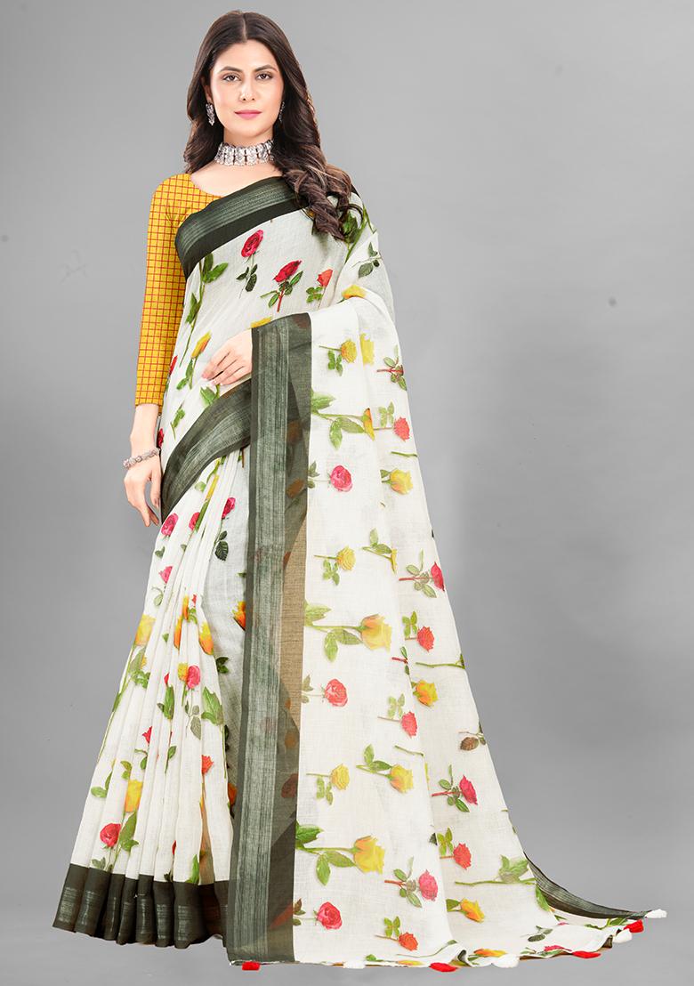 Off White Floral Print Linen Cotton Saree Set