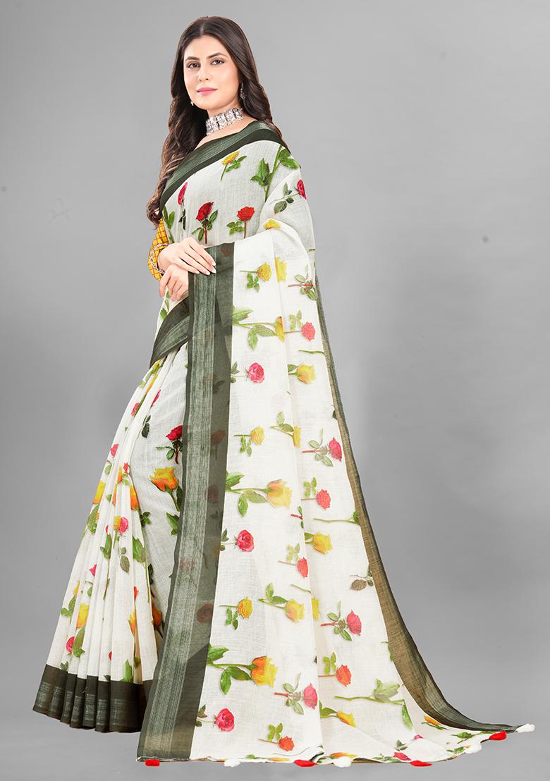 Off White Floral Print Linen Cotton Saree Set