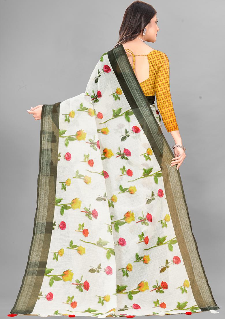 Off White Floral Print Linen Cotton Saree Set