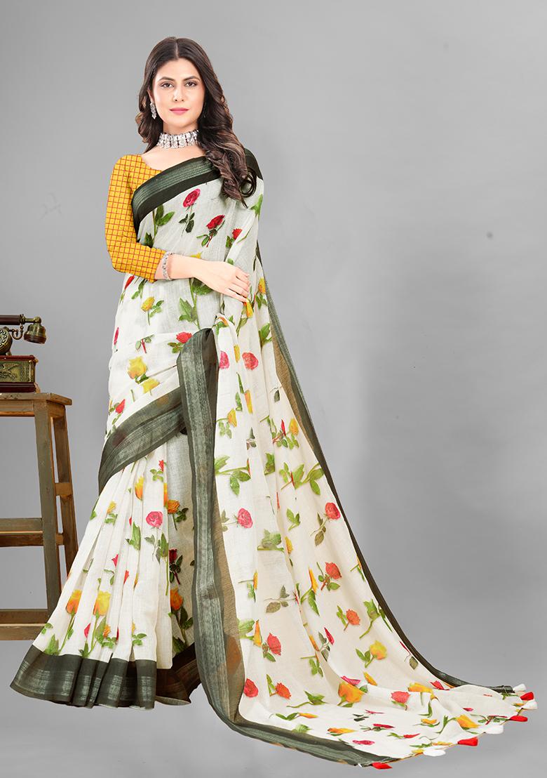 Off White Floral Print Linen Cotton Saree Set