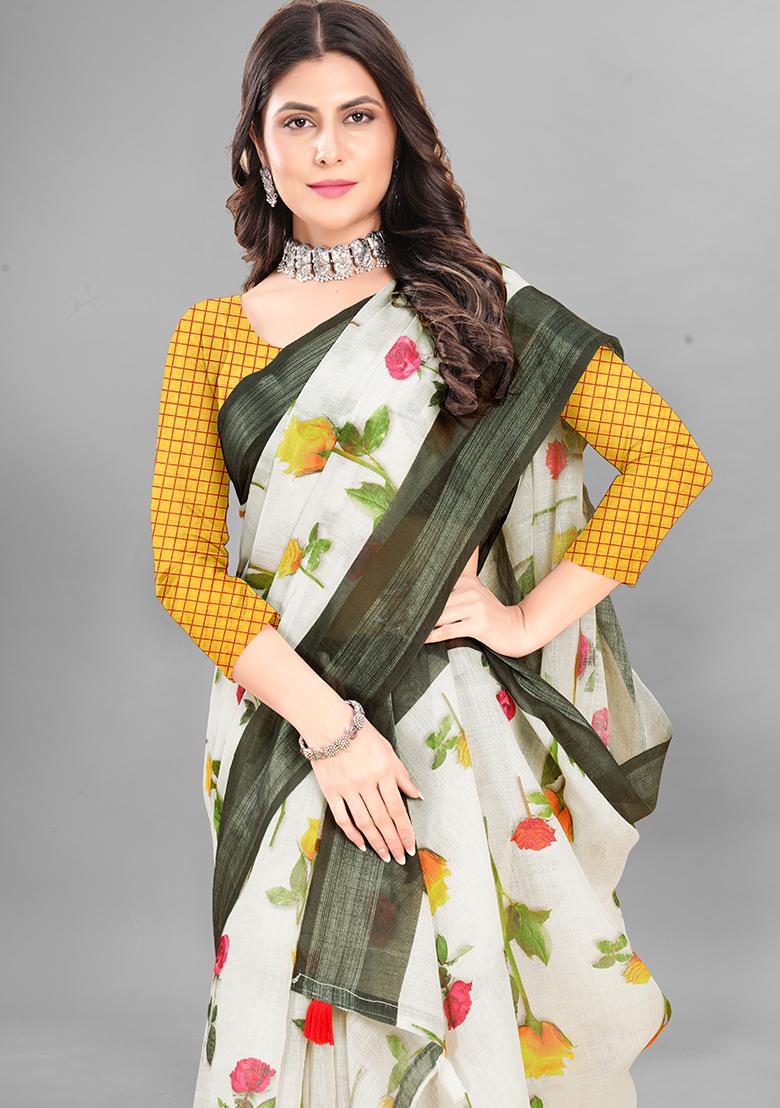Off White Floral Print Linen Cotton Saree Set