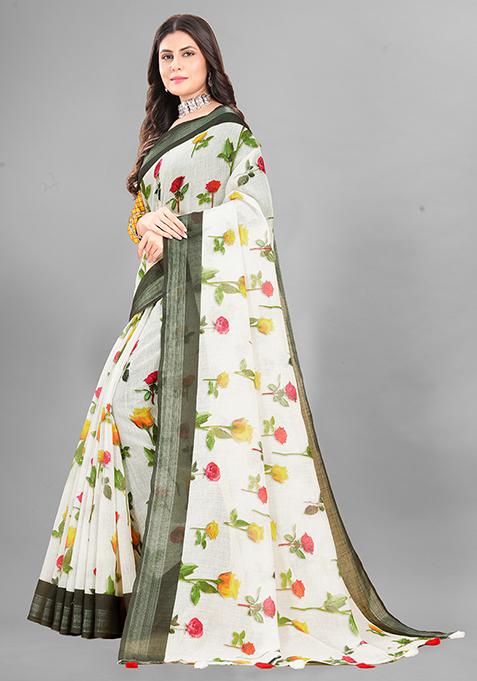 Off White Floral Print Linen Cotton Saree Set