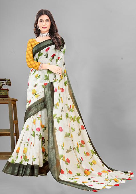 Off White Floral Print Linen Cotton Saree Set