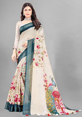 Cream Floral Print Linen Cotton Saree Set