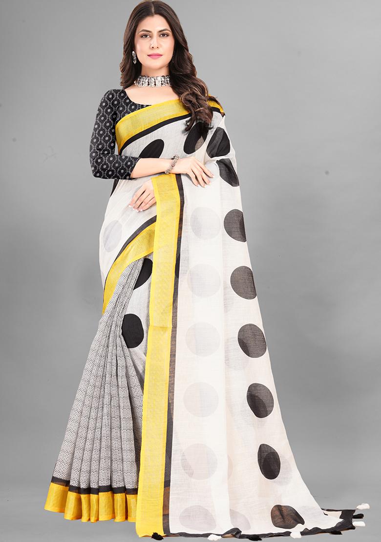 White Polka Dots Linen Cotton Saree Set