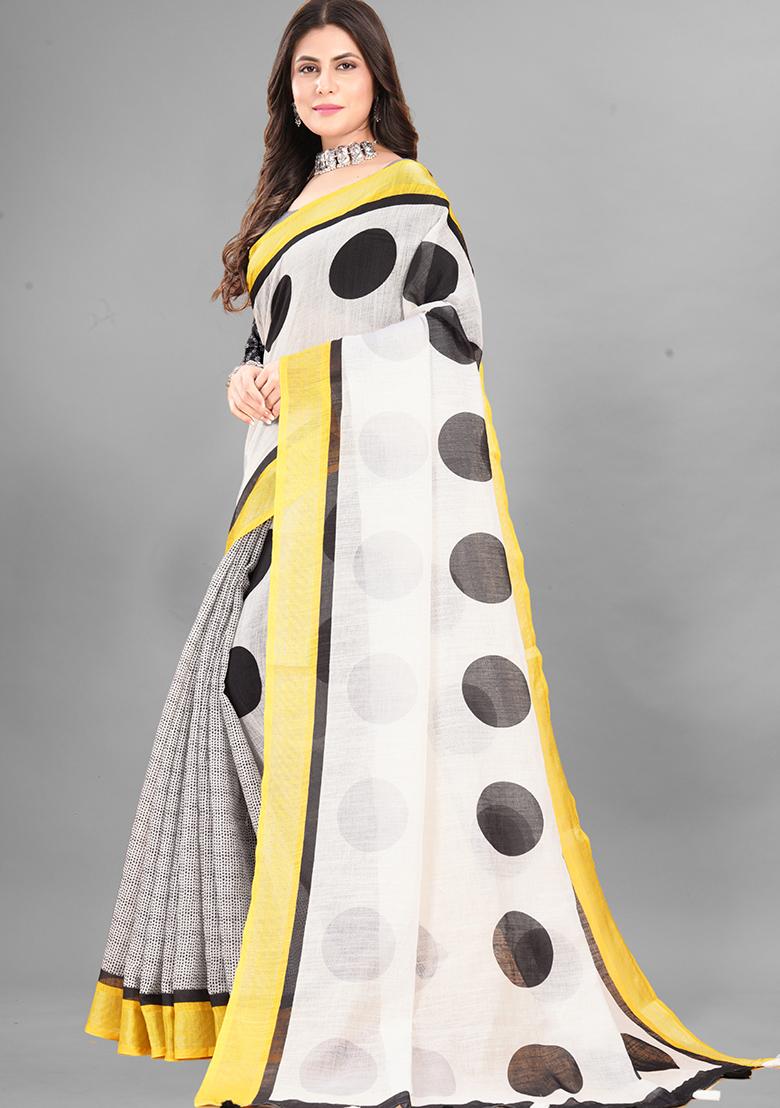 White Polka Dots Linen Cotton Saree Set