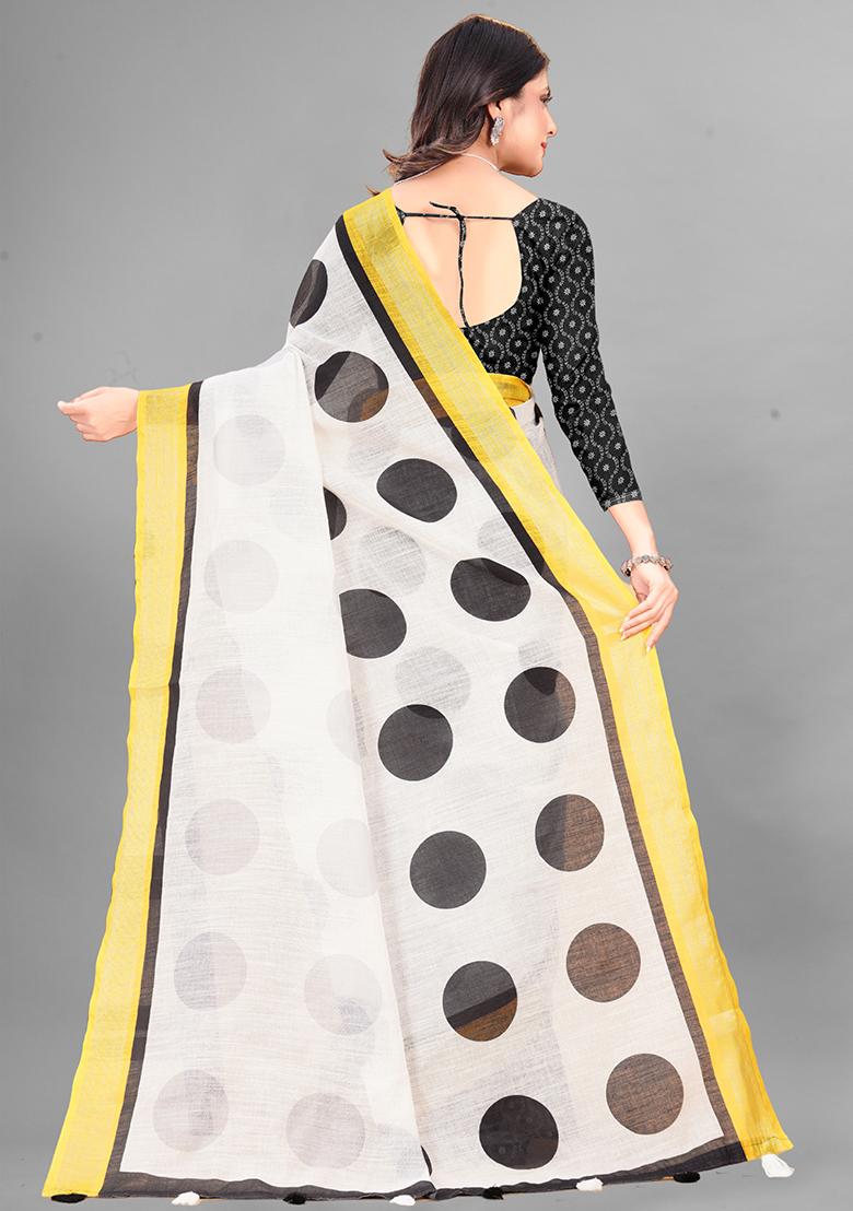 White Polka Dots Linen Cotton Saree Set