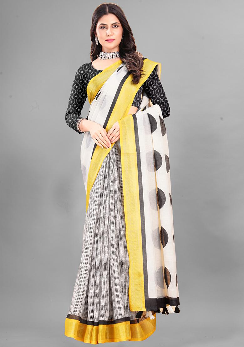 White Polka Dots Linen Cotton Saree Set
