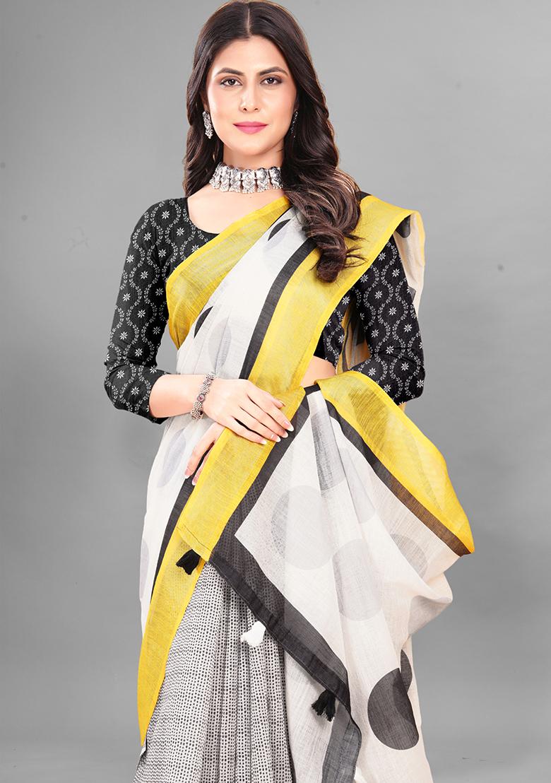 White Polka Dots Linen Cotton Saree Set