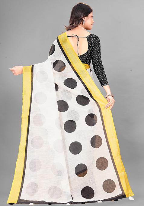 White Polka Dots Linen Cotton Saree Set