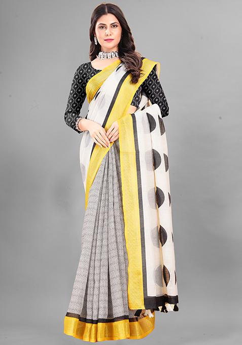 White Polka Dots Linen Cotton Saree Set