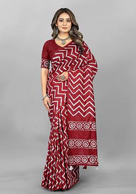 Maroon Printed Soft Cotton Saree Set