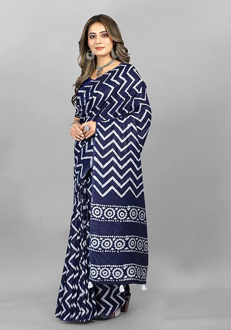 Navy Blue Printed Soft Cotton Saree Set