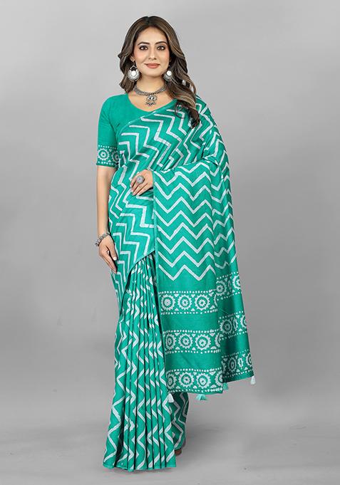 Rama Green Printed Soft Cotton Saree Set