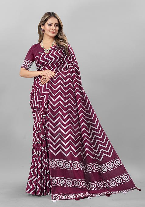 Wine Printed Soft Cotton Saree Set