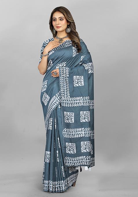 Grey Batik Print Soft Cotton Saree Set