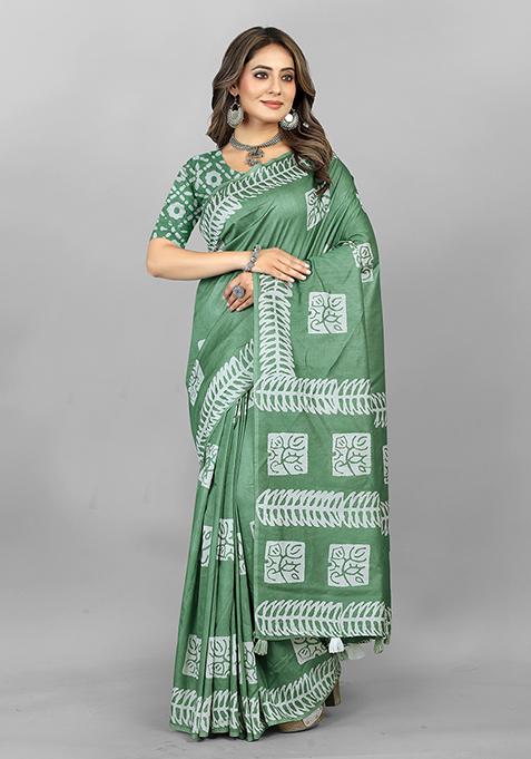 Olive Batik Print Soft Cotton Saree Set