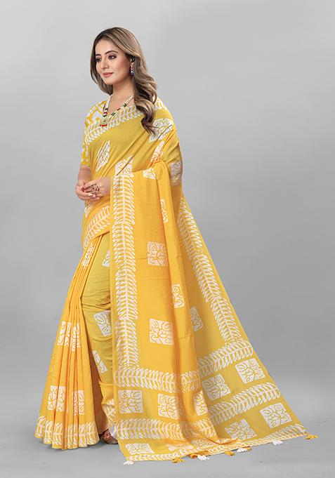 Yellow Batik Print Soft Cotton Saree Set