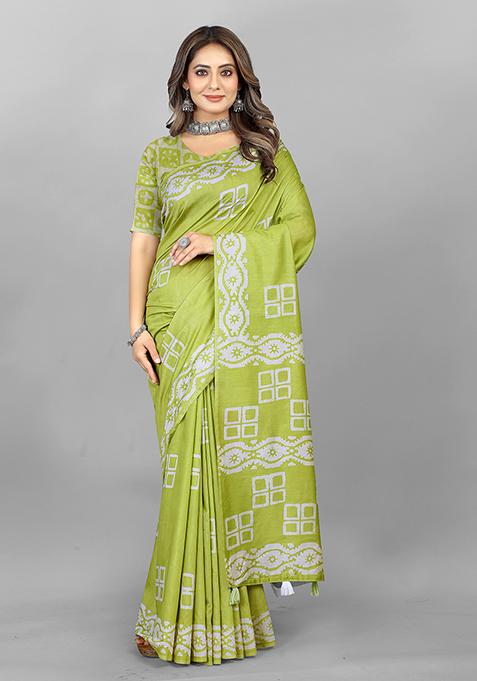 Mehendi Batik Print Soft Cotton Saree Set