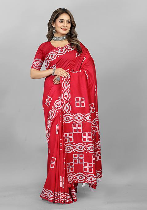 Red Batik Print Soft Cotton Saree Set