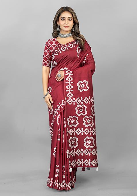 Maroon Batik Print Soft Cotton Saree Set