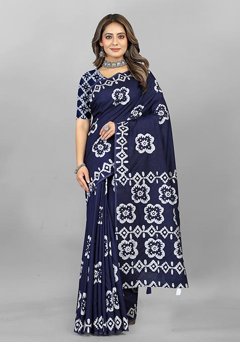 Navy Blue Batik Print Soft Cotton Saree Set