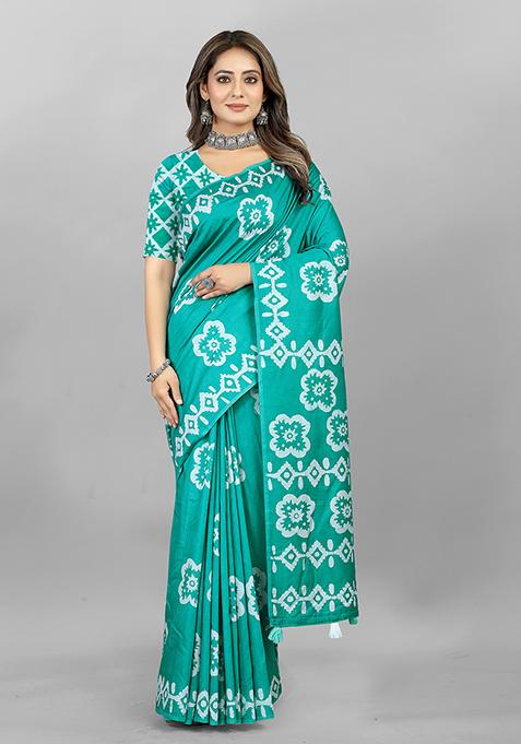 Rama Green Batik Print Soft Cotton Saree Set