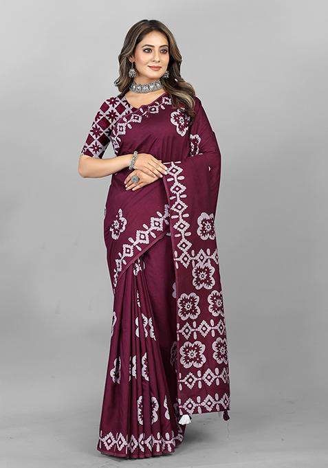 Wine Batik Print Soft Cotton Saree Set