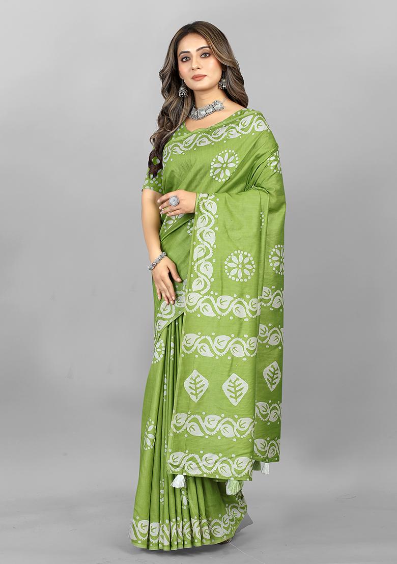 Mehendi Batik Print Soft Cotton Saree Set