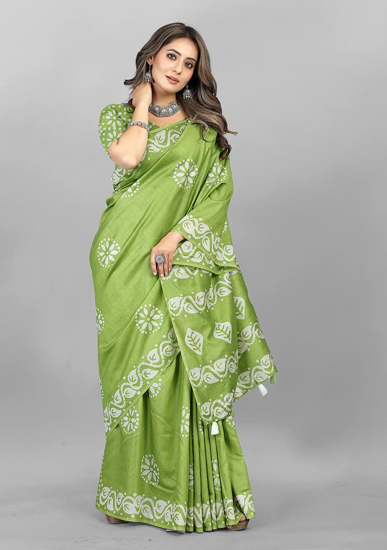 Mehendi Batik Print Soft Cotton Saree Set