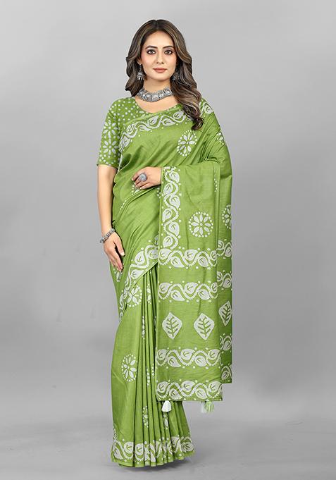 Mehendi Batik Print Soft Cotton Saree Set