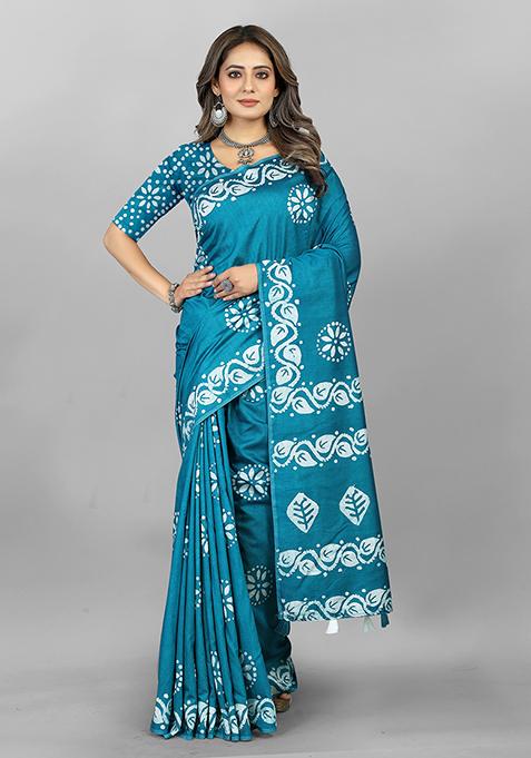 Teal Batik Print Soft Cotton Saree Set