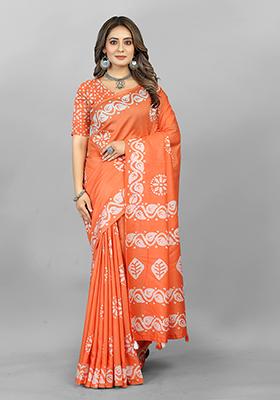 Orange Batik Print Soft Cotton Saree Set