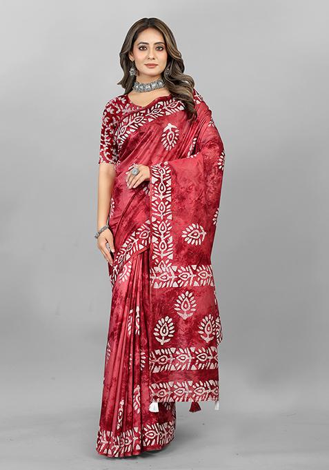 Maroon Prizm Print Soft Cotton Saree Set