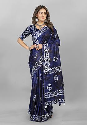 Navy Blue Prizm Print Soft Cotton Saree Set