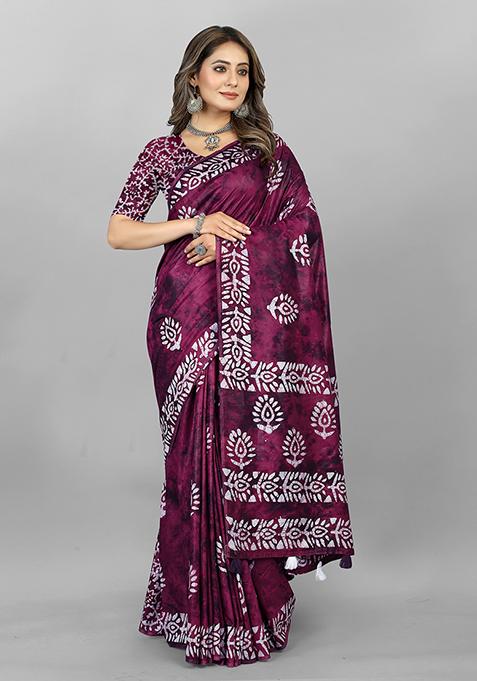 Wine Prizm Print Soft Cotton Saree Set