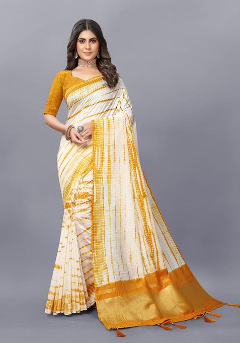 Mustard Shibori Print Soft Cotton Saree Set