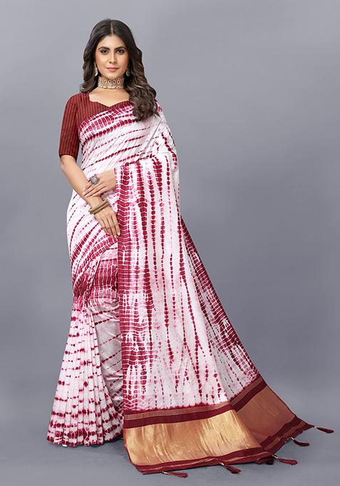 Wine Shibori Print Soft Cotton Saree Set