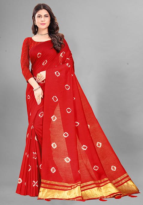 Red Shibori Print Soft Cotton Saree Set