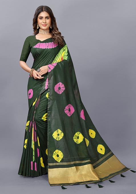 Bottle Green Shibori Print Soft Cotton Saree Set