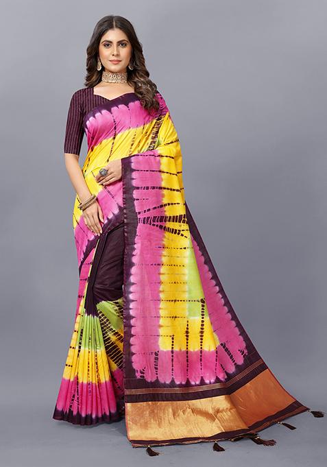 Wine Shibori Print Soft Cotton Saree Set